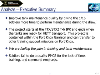 Analyze – Executive Summary Improve tank maintenance quality by giving the 1/16 soldiers more time to perform maintenance during the draw. The project starts at the FTX/STX2 T-6 IPR and ends when the tanks are ready for HETT transport.  This project is contained within the Fort Knox Garrison and can transfer to other training support missions on Fort Knox.  We are feeling the pain in training and tank maintenance. Soldiers fail to do a quality PMCS for the lack of time, training, and command emphasis. 