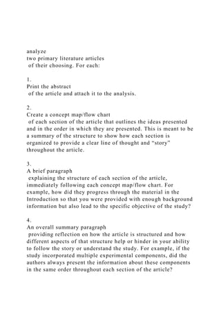 analyze
two primary literature articles
of their choosing. For each:
1.
Print the abstract
of the article and attach it to the analysis.
2.
Create a concept map/flow chart
of each section of the article that outlines the ideas presented
and in the order in which they are presented. This is meant to be
a summary of the structure to show how each section is
organized to provide a clear line of thought and “story”
throughout the article.
3.
A brief paragraph
explaining the structure of each section of the article,
immediately following each concept map/flow chart. For
example, how did they progress through the material in the
Introduction so that you were provided with enough background
information but also lead to the specific objective of the study?
4.
An overall summary paragraph
providing reflection on how the article is structured and how
different aspects of that structure help or hinder in your ability
to follow the story or understand the study. For example, if the
study incorporated multiple experimental components, did the
authors always present the information about these components
in the same order throughout each section of the article?
 