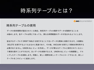 時系列テーブルとは？ 
時系列テーブルの使用 
データの保存期間が固定されている場合、時系列テーブルの順序でデータを整理することを 
お勧めします。各テーブルは同じであっても、異なる時間範囲のデータが含まれるようにします。 
該当するテーブルで DROP TABLE を実行することで古いデータを簡単に削除できます。大規模な 
DELETE を実行するよりもはるかに高速であり、その後、VACUUM を実行して領域を再利用する 
必要がありません。UNION ALL ビューを作成し、データが異なるテーブルに保存されているとい 
う事実を隠すことができます。古いデータを削除するとき、UNION ALL ビューを微調整し、ドロ 
ップしたテーブルを削除します。同様に、新しい期間を新しいテーブルにロードするとき、新しい 
テーブルをこのビューに追加します。 
 