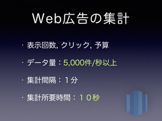 Web広告の集計 
• 表示回数, クリック, 予算 
• データ量：5,000件/秒以上 
• 集計間隔：１分 
• 集計所要時間：１０秒 
 