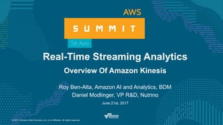 © 2017, Amazon Web Services, Inc. or its Affiliates. All rights reserved.
Roy Ben-Alta, Amazon AI and Analytics, BDM
Daniel Modlinger, VP R&D, Nutrino
June 21st, 2017
Real-Time Streaming Analytics
Overview Of Amazon Kinesis
 