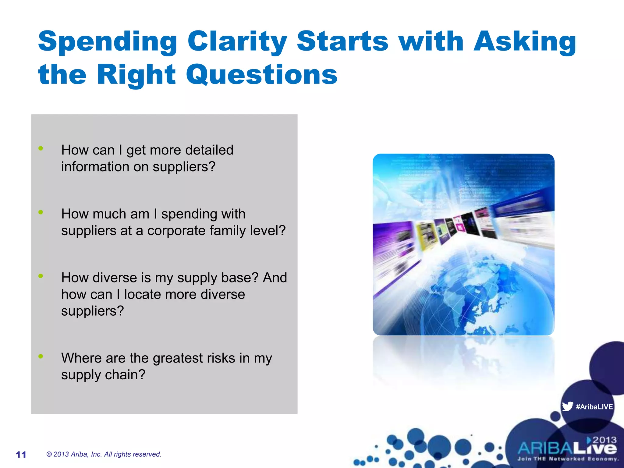 #AribaLIVE
Spending Clarity Starts with Asking
the Right Questions
• How can I get more detailed
information on suppliers?
• How much am I spending with
suppliers at a corporate family level?
• How diverse is my supply base? And
how can I locate more diverse
suppliers?
• Where are the greatest risks in my
supply chain?
© 2013 Ariba, Inc. All rights reserved.11
 