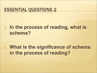 ESSENTIAL QUESTIONS 2
1. In the process of reading, what is
schema?
2. What is the significance of schema
in the process of reading?
 