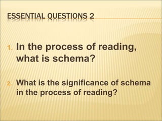 ESSENTIAL QUESTIONS 2
1. In the process of reading,
what is schema?
2. What is the significance of schema
in the process of reading?
 
