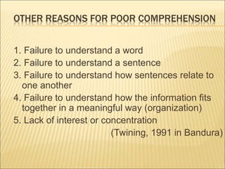 OTHER REASONS FOR POOR COMPREHENSION
1. Failure to understand a word
2. Failure to understand a sentence
3. Failure to understand how sentences relate to
one another
4. Failure to understand how the information fits
together in a meaningful way (organization)
5. Lack of interest or concentration
(Twining, 1991 in Bandura)
 
