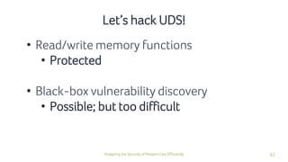 62Analyzing the Security of Modern Cars Efficiently
• Read/write memory functions
• Protected
• Black-box vulnerability discovery
• Possible; but too difficult
Let’s hack UDS!
 