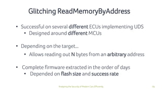 79Analyzing the Security of Modern Cars Efficiently
Glitching ReadMemoryByAddress
• Successful on several different ECUs i...
