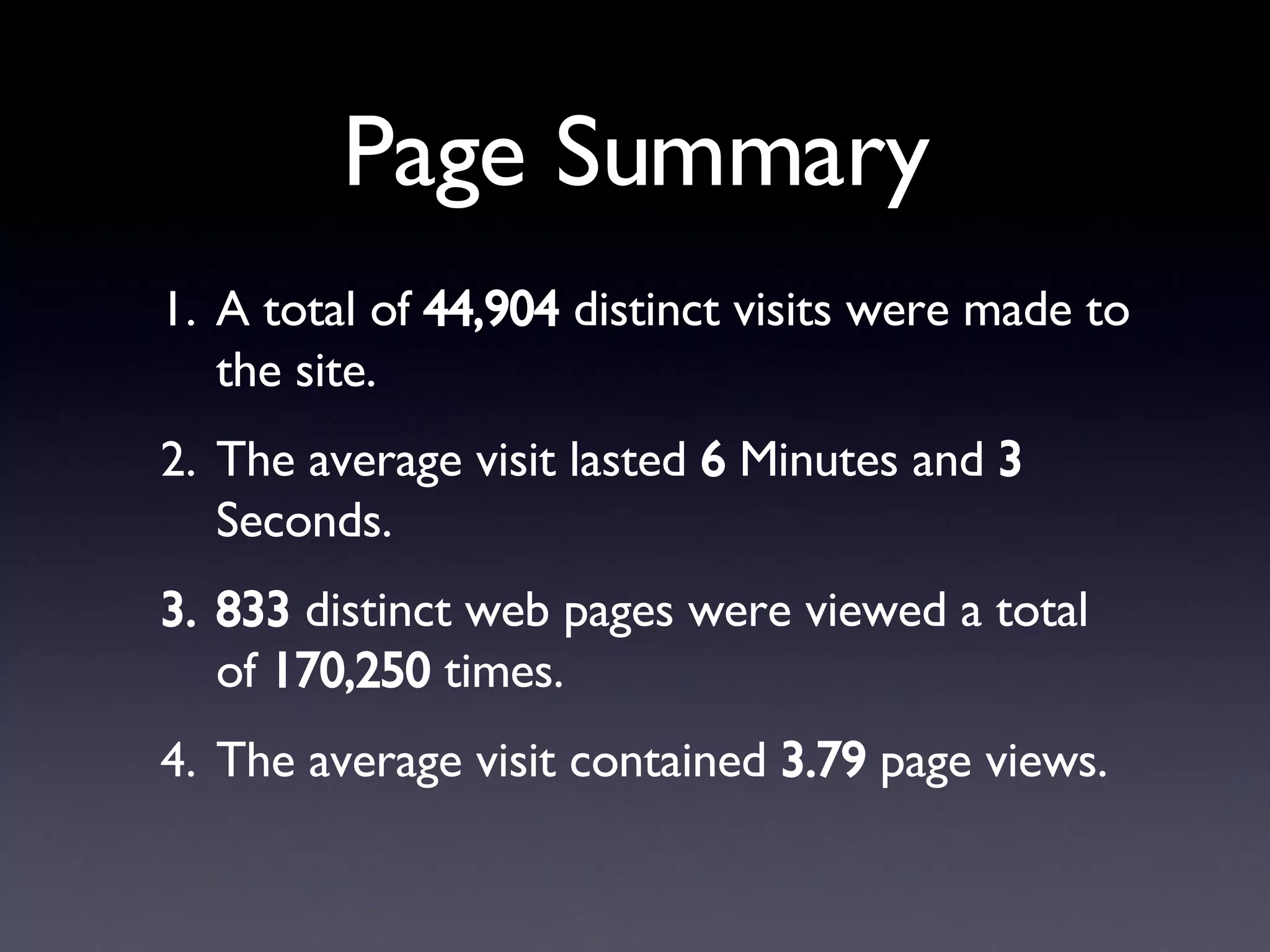 Page Summary A total of  44,904  distinct visits were made to the site.  The average visit lasted  6  Minutes and  3  Seconds. 833  distinct web pages were viewed a total of  170,250  times. The average visit contained  3.79  page views. 