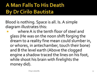 Blood is nothing. Space is all. Is. A simple
diagram illustrates this:
 whereA is the tenth floor of steel and
glass (He was on the noon shift forging the
dream to a reality fine mean could slumber in,
or whores, in antechamber, touch their bone)
and B the level earth (Above the clogged
engine a shadow traced the lines on his foot,
while shoot his brain with firelights the
money did).
Chiqui Labastilla 12
 