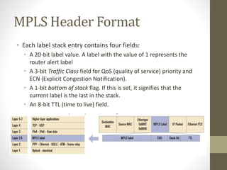 MPLS Header Format
• Each label stack entry contains four fields:
• A 20-bit label value. A label with the value of 1 represents the
router alert label
• A 3-bit Traffic Class field for QoS (quality of service) priority and
ECN (Explicit Congestion Notification).
• A 1-bit bottom of stack flag. If this is set, it signifies that the
current label is the last in the stack.
• An 8-bit TTL (time to live) field.
 