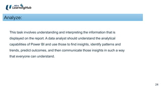 24
24
Analyze:
This task involves understanding and interpreting the information that is
displayed on the report. A data analyst should understand the analytical
capabilities of Power BI and use those to find insights, identify patterns and
trends, predict outcomes, and then communicate those insights in such a way
that everyone can understand.
 