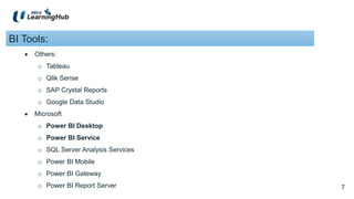7
7
BI Tools:
 Others:
o Tableau
o Qlik Sense
o SAP Crystal Reports
o Google Data Studio
 Microsoft
o Power BI Desktop
o Power BI Service
o SQL Server Analysis Services
o Power BI Mobile
o Power BI Gateway
o Power BI Report Server
 