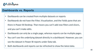 80
80
Dashboards vs. Reports
• Dashboards can be created from multiple datasets or reports
• Dashboards do not have the Filter, Visualization, and the Fields pane that are
there in Power BI Desktop. That means you can’t add new filters and slicers,
and you can’t make edits.
• Dashboards can only be a single page, whereas reports can be multiple pages.
• You can’t see the underlying dataset directly in a dashboard. However, you can
see the dataset in Power BI reports under Data tab.
• Both dashboards and reports can be refreshed to show the latest data.
 