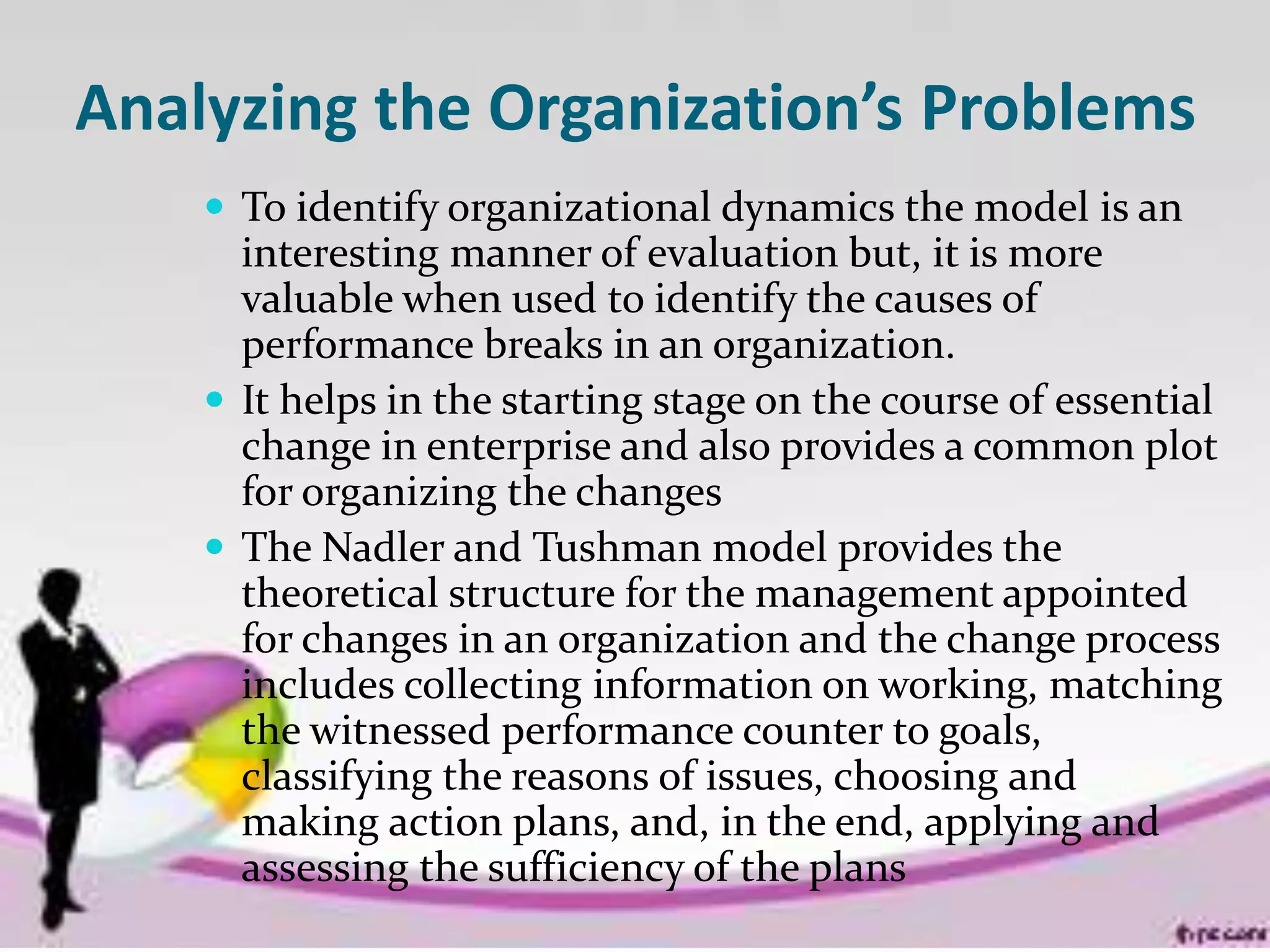 Analyzing the Organization’s Problems
 To identify organizational dynamics the model is an
interesting manner of evaluation but, it is more
valuable when used to identify the causes of
performance breaks in an organization.
 It helps in the starting stage on the course of essential
change in enterprise and also provides a common plot
for organizing the changes
 The Nadler and Tushman model provides the
theoretical structure for the management appointed
for changes in an organization and the change process
includes collecting information on working, matching
the witnessed performance counter to goals,
classifying the reasons of issues, choosing and
making action plans, and, in the end, applying and
assessing the sufficiency of the plans
 