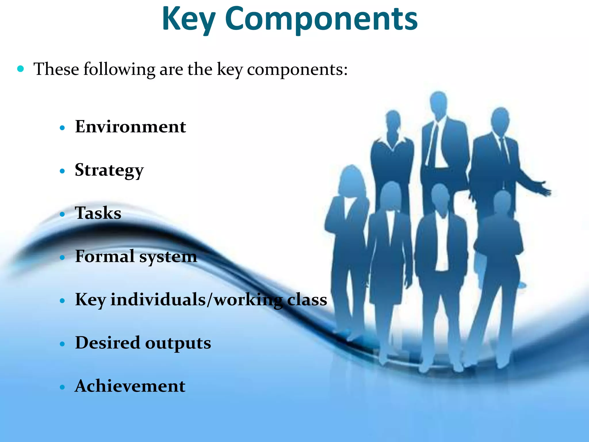 Key Components
 These following are the key components:
 Environment
 Strategy
 Tasks
 Formal system
 Key individuals/working class
 Desired outputs
 Achievement
 