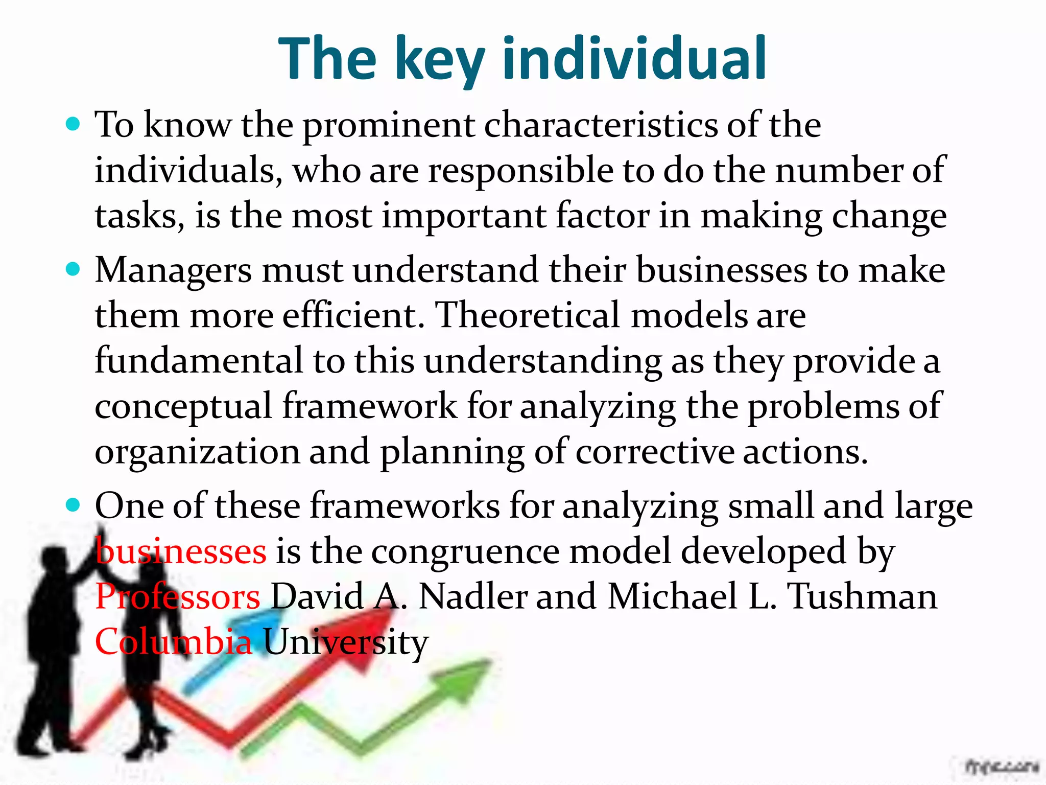 The key individual
 To know the prominent characteristics of the
individuals, who are responsible to do the number of
tasks, is the most important factor in making change
 Managers must understand their businesses to make
them more efficient. Theoretical models are
fundamental to this understanding as they provide a
conceptual framework for analyzing the problems of
organization and planning of corrective actions.
 One of these frameworks for analyzing small and large
businesses is the congruence model developed by
Professors David A. Nadler and Michael L. Tushman
Columbia University
 