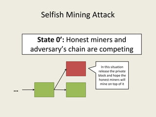 Selfish Mining Attack
…
State 0’: Honest miners and 
adversary’s chain are competing
In this situation 
release the private 
block and hope the 
honest miners will 
mine on top of it
 