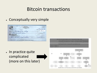Bitcoin transactions
● Conceptually very simple 
● In practice quite
complicated
(more on this later)
 