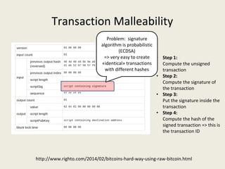 Transaction Malleability
http://www.righto.com/2014/02/bitcoins-hard-way-using-raw-bitcoin.html
• Step 1:
Compute the unsi...