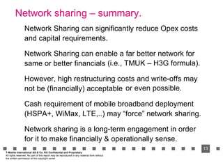 Network sharing – summary. Network Sharing can significantly reduce Opex costs and capital requirements. Network Sharing c...