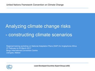 Least Developed Countries Expert Group (LEG)
Regional training workshop on National Adaptation Plans (NAP) for Anglophone Africa
27 February to 03 March 2017
Bingu International Convention Centre
Lilongwe, Malawi
Analyzing climate change risks
- constructing climate scenarios
 