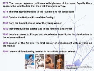 1973 The brasier appears multiuses with glasses of increase. Equally there
appears the infantile line that then will transform in Tiny.
1974 The first approximations to the juvenile line for schoolgirls
1987 Obtains the National Prize of the Quality
1988 Born the brand Leonisa In for the young women
1989 they introduce the elastic lace in the feminine underwear
1990 Leonisa comes to Europe and coordinates from Spain the distribution to
the whole continent
2000 Launch of the Air Bra. The first brasier of embossment with air valve on
the market.
2002 Launch of Funcionality. brasier in microfiber without seams
Image taken of:
http://www.colarte.com/colarte/foto.as
p?idfoto=172169
 
