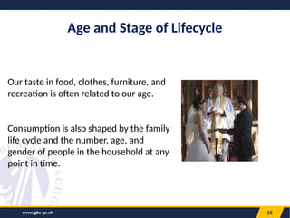15
Age and Stage of Lifecycle
Our taste in food, clothes, furniture, and
recreation is often related to our age.
Consumption is also shaped by the family
life cycle and the number, age, and
gender of people in the household at any
point in time.
www.gbs-ge.ch
 