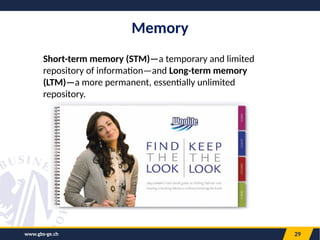 29
Memory
Short-term memory (STM)—a temporary and limited
repository of information—and Long-term memory
(LTM)—a more permanent, essentially unlimited
repository.
www.gbs-ge.ch
 