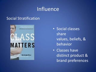 Sense of SelfInfluenceSocial StratificationSocial classes share values, beliefs, & behaviorClasses have distinct product & brand preferences