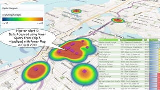 Hipster Alert 
Data Acquired using Power
Query from Yelp &
visualized with Power Map
in Excel 2013
 