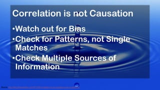 •Watch out for Bias
•Check for Patterns, not Single
Matches
•Check Multiple Sources of
Information
Source: http://blog.8thandwalton.com/2013/02/correlation-is-not-causation-even-in-retail-link/
Correlation is not Causation
 