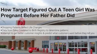 How Target Figured Out A Teen Girl Was
Pregnant Before Her Father Did
Shopping Patterns Reflect Life Changes
Data from Sales Corelated to Birth Registry to determine patterns
Attempt to get better customer insights & predict what customers want before they tell you
 