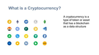 What is a Cryptocurrency?
A cryptocurrency is a
type of token or asset
that has a blockchain
as a data structure
 