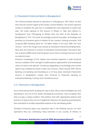 Standard
Chartered
“Customer Satisfaction Level At SCB; Narayangonj Branch”
11
2.2 Standard Chartered Bank in Bangladesh
The Chartered Bank opened its operation in Chittagong in 1947 which, at that
time was the eastern region of the newly created Pakistan. The branch opened
mainly to facilitate the post war re-establishment and expansion in South East
Asia. The bank opened its first branch in Dhaka in 1966 and shifted it’s
headquarter from Chittagong to Dhaka after the birth of the Republic of
Bangladesh in 1971. The bank increasingly invested in people, technology and
premises as its business grew in relation to the country’s thriving economy. SCB
acquired ANZ Grindlays Bank for 1.34 billion dollars in the year 2000. The new
venture , that is the merger was named as Standard Chartered Grindlays Bank.
Now after the takeover it is known as Standard Chartered Bank. Recently it also
has acquired AMEX bank and has grown even more in strength and size as well
as customer base.
Extensive knowledge of the market and essential expertise in wide financial
services underline SCB’s strength to build business opportunities and institutional
clients at home and abroad. Continuous upgrading of technology and control
system has enabled the bank to offer new services, which include ATM, Phone
Banking, sms banking and I-banking on a 24 hour basis. Standard Chartered's
services in Bangladesh, ranges from Personal & Corporate Banking to
Institutional Banking, Treasury and Custodial services.
2.2.1 Branches in Bangladesh
As an international bank, leading the way in Asia, Africa and the Middle East and
operating in over 50 of the world's developing economies, they recognize that
they occupy a unique position. They believe that with appropriate policies and
practices in place they can be a legitimate influence for good by promoting the
best standards of socially responsible business in the developing world.
Standard Chartered plays very important role in the Banking sectors. For their
operations they are continuing many branches in our country. In Dhaka 16
 