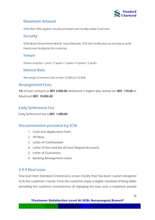Standard
Chartered
“Customer Satisfaction Level At SCB; Narayangonj Branch”
40
Maximum Amount
SCB offers 90% against security as Fixed Loan facility under Cash Line.
Security
SCB allows Government Bonds, Fixed Deposits, ICB Unit Certificates as security to avail
Fixed Loan facility by the customer.
Tenure
Tenure may be 1 year / 2 years / 3 years / 4 years / 5 years.
Interest Rate
The range of interest rate is from 10.00% to 13.00%.
Arrangement Fees:
1% of loan amount or BDT 2,000.00 whichever is higher plus stamp fee BDT. 170.00 or
Maximum BDT. 10,000.00.
Early Settlement Fee
Early Settlement fee is BDT. 1,000.00.
Documentation provided by SCB:
1. Cash Line Application Form.
2. DP Note.
3. Letter of Continuation.
4. Letter of Lien and Set-off over Deposit Accounts.
5. Letter of Guarantee.
6. Banking Arrangement Letter.
2.9.9 Flexi Loan
Flexi loan from Standard Chartered is a loan facility that has been custom-designed
to fit the customer’s needs. It lets the customer enjoy a higher standard of living while
providing the customer convenience of repaying the loan over a maximum period
 