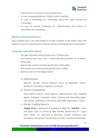 Standard
Chartered
“Customer Satisfaction Level At SCB; Narayangonj Branch”
45
7. Statement for 12 months in case of other bank.
8. In case of proprietorship a/c. Trade License is needed.
9. In case of Partnership a/c. Partnership Deed and Trade License are
mandatory.
10. In case of Limited Company a/c. Memorandum and Article of
Association are mandatory.
Business Financial Service
SCB’s business loan is the most flexible of its kind available in the market which will
help the customer materialize the customer’ dreams and expand his or her business.
Customer selection criteria
1. The age of business must b greater than 3 (Three) years.
2. The business must have own / rented operating premises for at least 2
(Two) years.
3. Annual sales turnover must be greater than 6 (Six) million.
4. Annual pre-tax income must be greater than .6 million.
5. Business must be in the target market.
a. Professionals
(Doctors, Dentists, Private Medical Clinics & Diagnostic Center,
Architects, Consultants, Engineers, Surveyors)
b. Service Companies
(Educational Institute, Travel Agency, Advertisement Firm, Shipping
Agents, Transport / container mover, Clearing and forwarding agent,
Gas Stations, Real Estate, Contractors, Non Profit Organization, Clubs).
c. Private Trading Houses:
(Supply Chain – Distributors & Suppliers of MNC/LLC; Importer – Food
and Grain, Dyes & Chemicals, Milk, Powder, Motor Parts, Bi – Cycle
Parts, Motor car, Electrical & Electronic Goods, Hardware and
machinery, Poultry feed, Garments Accessories, Construction Materials,
 