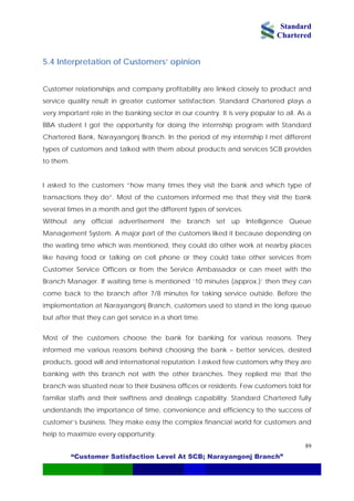 Standard
Chartered
“Customer Satisfaction Level At SCB; Narayangonj Branch”
89
5.4 Interpretation of Customers’ opinion
Customer relationships and company profitability are linked closely to product and
service quality result in greater customer satisfaction. Standard Chartered plays a
very important role in the banking sector in our country. It is very popular to all. As a
BBA student I got the opportunity for doing the internship program with Standard
Chartered Bank, Narayangonj Branch. In the period of my internship I met different
types of customers and talked with them about products and services SCB provides
to them.
I asked to the customers “how many times they visit the bank and which type of
transactions they do”. Most of the customers informed me that they visit the bank
several times in a month and get the different types of services.
Without any official advertisement the branch set up Intelligence Queue
Management System. A major part of the customers liked it because depending on
the waiting time which was mentioned, they could do other work at nearby places
like having food or talking on cell phone or they could take other services from
Customer Service Officers or from the Service Ambassador or can meet with the
Branch Manager. If waiting time is mentioned ’10 minutes (approx.)’ then they can
come back to the branch after 7/8 minutes for taking service outside. Before the
implementation at Narayangonj Branch, customers used to stand in the long queue
but after that they can get service in a short time.
Most of the customers choose the bank for banking for various reasons. They
informed me various reasons behind choosing the bank – better services, desired
products, good will and international reputation. I asked few customers why they are
banking with this branch not with the other branches. They replied me that the
branch was situated near to their business offices or residents. Few customers told for
familiar staffs and their swiftness and dealings capability. Standard Chartered fully
understands the importance of time, convenience and efficiency to the success of
customer’s business. They make easy the complex financial world for customers and
help to maximize every opportunity.
 