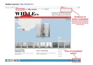 Action source: http://whale.fm/

                         My name


                                             Evidence of
                                          action completed
                                         (Quantity of matches represents
                                          the number whale sounds I’ve
                                          matched to known documented
                                                  whale sounds)




                                   Time of completed
                                         action
 