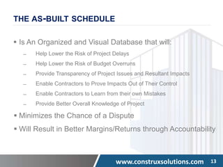www.construxsolutions.com 13
 Is An Organized and Visual Database that will:
̶ Help Lower the Risk of Project Delays
̶ Help Lower the Risk of Budget Overruns
̶ Provide Transparency of Project Issues and Resultant Impacts
̶ Enable Contractors to Prove Impacts Out of Their Control
̶ Enable Contractors to Learn from their own Mistakes
̶ Provide Better Overall Knowledge of Project
 Minimizes the Chance of a Dispute
 Will Result in Better Margins/Returns through Accountability
THE AS-BUILT SCHEDULE
 