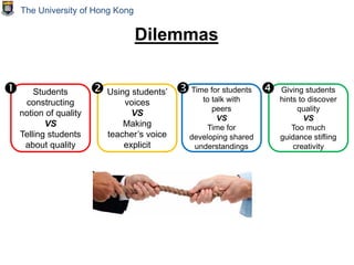Dilemmas
Students
constructing
notion of quality
VS
Telling students
about quality
 Time for students
to talk with
peers
VS
Time for
developing shared
understandings
 Giving students
hints to discover
quality
VS
Too much
guidance stifling
creativity
Using students’
voices
VS
Making
teacher’s voice
explicit

The University of Hong Kong
 