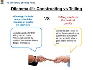 Dilemma #1: Constructing vs Telling
Discussing is better than
telling us the criteria.
Knowledge created by
students themselves leaves
deeper impression.
Telling students
the desired
quality
Allowing students
to construct the
meaning of quality
on their own
Maybe he didn’t want to
tell us the answer directly,
but I think it’s important
for him to clarify what a
good essay should be
like.
VS
The University of Hong Kong
 