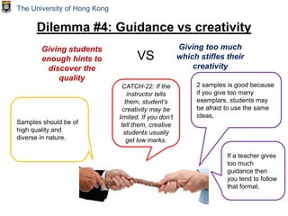 Dilemma #4: Guidance vs creativity
Samples should be of
high quality and
diverse in nature.
CATCH-22: If the
instructor tells
them, student’s
creativity may be
limited. If you don’t
tell them, creative
students usually
get low marks.
Giving too much
which stifles their
creativity
Giving students
enough hints to
discover the
quality
2 samples is good because
if you give too many
exemplars, students may
be afraid to use the same
ideas.
If a teacher gives
too much
guidance then
you tend to follow
that format.
VS
The University of Hong Kong
 