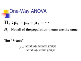 One-Way ANOVA
 3210 μμμ:H
samethearemeanspopulationtheofallNot:1H
The “F-test”
groupswithinyVariabilit
groupsbetweenyVariabilit
F 
 