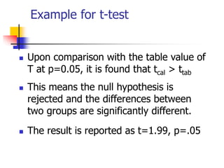 Example for t-test
 Upon comparison with the table value of
T at p=0.05, it is found that tcal > ttab
 This means the null hypothesis is
rejected and the differences between
two groups are significantly different.
 The result is reported as t=1.99, p=.05
 