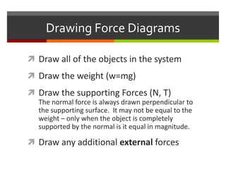 Drawing Force DiagramsDraw all of the objects in the systemDraw the weight (w=mg)Draw the supporting Forces (N, T)The normal force is always drawn perpendicular to the supporting surface.  It may not be equal to the weight – only when the object is completely supported by the normal is it equal in magnitude.Draw any additional external forces