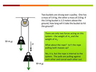 Two buckets are strung over a pulley.  One has a mass of 3.4 kg, the other a mass of 2.8 kg. If the 3.4 kg bucket is 1.2 meters above the ground, how long will it take the bucket to hit the ground? There are only two forces acting on this system – the weight of m1 and the weight of m2.  What about the rope?  Isn’t the rope pulling both masses up?  Yes, it is, but the rope is internal to the system.  The pulls are pulling against each other and cancel each other out.W=m1gW=m2g