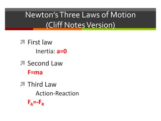 Newton’s Three Laws of Motion(Cliff Notes Version) First law 	Inertia: a=0 Second Law F=ma Third Law 	Action-Reaction  FA=-FR 