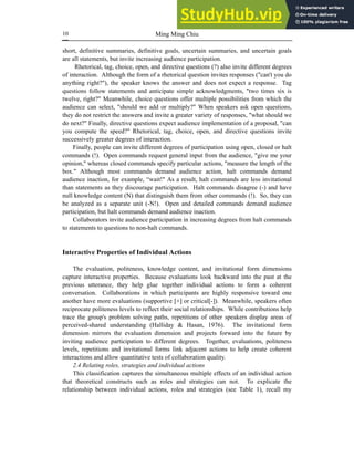 Ming Ming Chiu
10
short, definitive summaries, definitive goals, uncertain summaries, and uncertain goals
are all statements, but invite increasing audience participation.
Rhetorical, tag, choice, open, and directive questions (?) also invite different degrees
of interaction. Although the form of a rhetorical question invites responses ("can't you do
anything right?"), the speaker knows the answer and does not expect a response. Tag
questions follow statements and anticipate simple acknowledgments, "two times six is
twelve, right?" Meanwhile, choice questions offer multiple possibilities from which the
audience can select, "should we add or multiply?" When speakers ask open questions,
they do not restrict the answers and invite a greater variety of responses, "what should we
do next?" Finally, directive questions expect audience implementation of a proposal, "can
you compute the speed?" Rhetorical, tag, choice, open, and directive questions invite
successively greater degrees of interaction.
Finally, people can invite different degrees of participation using open, closed or halt
commands (!). Open commands request general input from the audience, "give me your
opinion," whereas closed commands specify particular actions, "measure the length of the
box." Although most commands demand audience action, halt commands demand
audience inaction, for example, “wait!" As a result, halt commands are less invitational
than statements as they discourage participation. Halt commands disagree (-) and have
null knowledge content (N) that distinguish them from other commands (!). So, they can
be analyzed as a separate unit (-N!). Open and detailed commands demand audience
participation, but halt commands demand audience inaction.
Collaborators invite audience participation in increasing degrees from halt commands
to statements to questions to non-halt commands.
Interactive Properties of Individual Actions
The evaluation, politeness, knowledge content, and invitational form dimensions
capture interactive properties. Because evaluations look backward into the past at the
previous utterance, they help glue together individual actions to form a coherent
conversation. Collaborations in which participants are highly responsive toward one
another have more evaluations (supportive [+] or critical[-]). Meanwhile, speakers often
reciprocate politeness levels to reflect their social relationships. While contributions help
trace the group's problem solving paths, repetitions of other speakers display areas of
perceived-shared understanding (Halliday & Hasan, 1976). The invitational form
dimension mirrors the evaluation dimension and projects forward into the future by
inviting audience participation to different degrees. Together, evaluations, politeness
levels, repetitions and invitational forms link adjacent actions to help create coherent
interactions and allow quantitative tests of collaboration quality.
2.4 Relating roles, strategies and individual actions
This classification captures the simultaneous multiple effects of an individual action
that theoretical constructs such as roles and strategies can not. To explicate the
relationship between individual actions, roles and strategies (see Table 1), recall my
 
