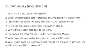 GUIDED ANALYSIS QUESTIONS
1. What is the main conflict in the story?
2. Which two characters best represent a binary opposition? Explain why.
3. Identify three signs in the story and explain what each refers to.
4. How does the seed become more than just an object?
5. Why is the drought important to the story?
6. How would the story change if Carlos never mocked Miguel?
7. Which events help develop the theme of hope and kindness?
8. What lesson does the story teach, and how do the characters, symbols, and
events work together to express it?
 