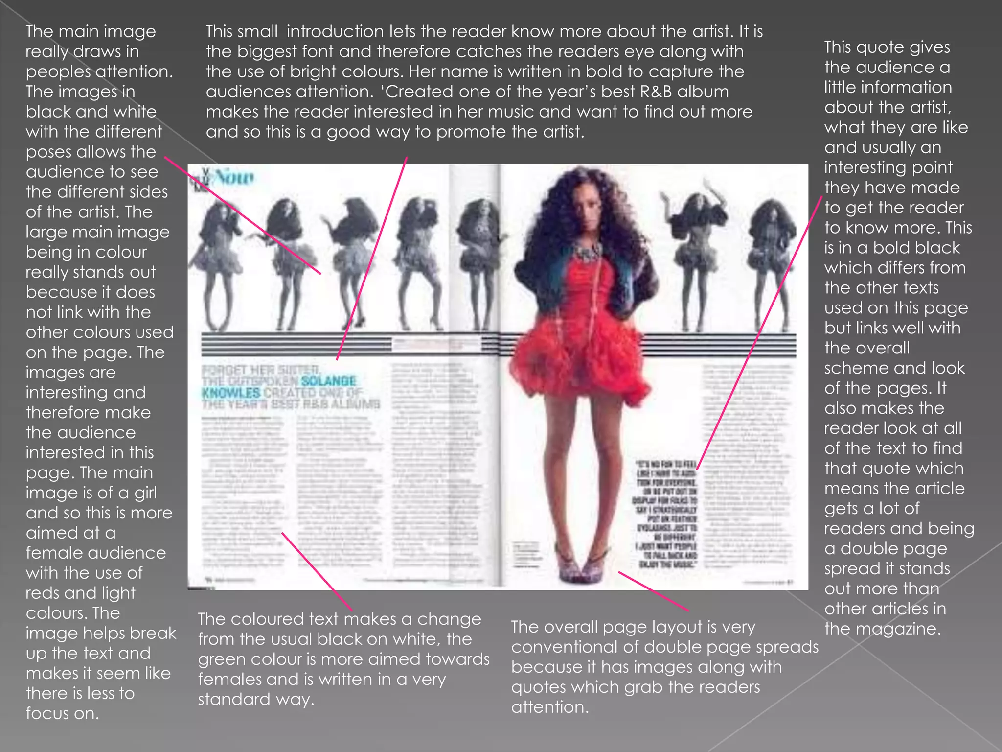 The main image really draws in peoples attention. The images in black and white with the different poses allows the audience to see the different sides of the artist. The large main image being in colour really stands out because it does not link with the other colours used on the page. The images are interesting and therefore make the audience interested in this page. The main image is of a girl and so this is more aimed at a female audience with the use of reds and light colours. The image helps break up the text and makes it seem like there is less to focus on.This small  introduction lets the reader know more about the artist. It is the biggest font and therefore catches the readers eye along with the use of bright colours. Her name is written in bold to capture the audiences attention. ‘Created one of the year’s best R&B album makes the reader interested in her music and want to find out more and so this is a good way to promote the artist.This quote gives the audience a little information about the artist, what they are like and usually an interesting point they have made to get the reader to know more. This is in a bold black which differs from the other texts used on this page but links well with the overall scheme and look of the pages. It also makes the reader look at all of the text to find that quote which means the article gets a lot of readers and being a double page spread it stands out more than other articles in the magazine.The coloured text makes a change from the usual black on white, the green colour is more aimed towards females and is written in a very standard way.The overall page layout is very conventional of double page spreads because it has images along with quotes which grab the readers attention. 